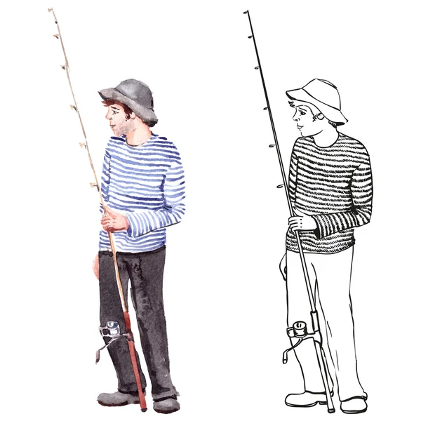 Fisherman with rod wearing striped vest — Stock Vector