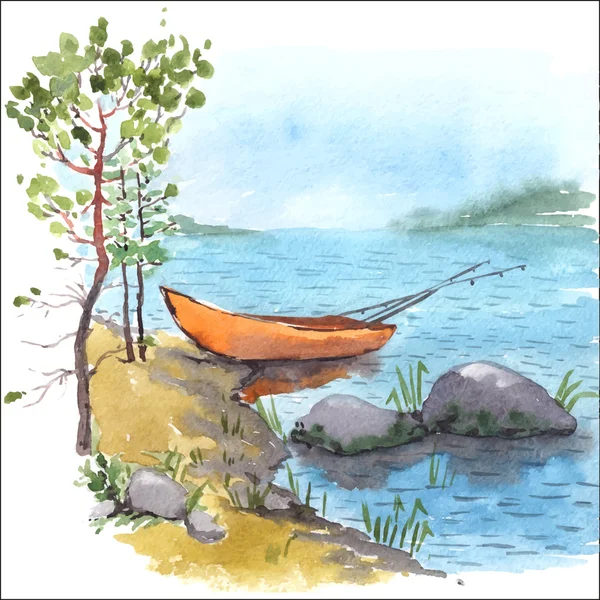 Банк озера з рибальським човном — стоковий вектор