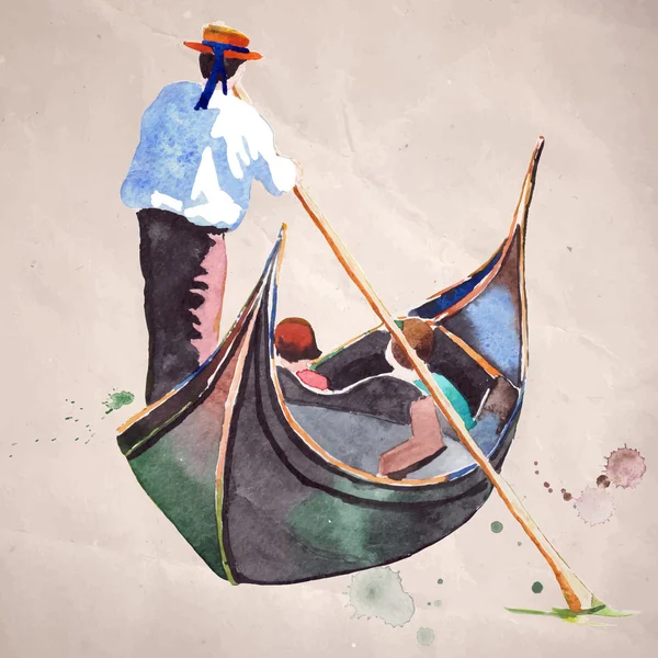 Gondole aquarelle avec gondolier — Image vectorielle