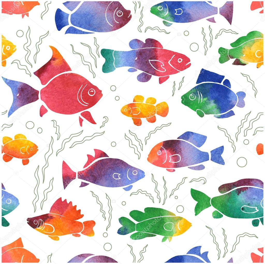 Seamless pattern with watercolor fishes