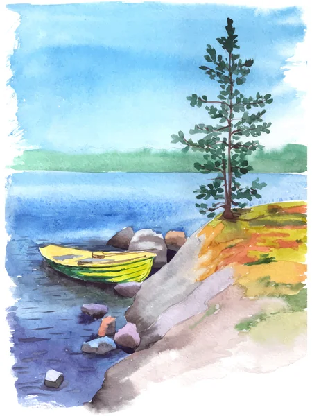 Akvarell folyó egy horgász csónak — Stock Vector