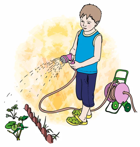 Chłopiec podlewania ogrodu warzywnego — Wektor stockowy