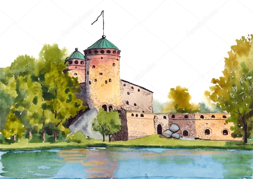 Watercolor painting of Olavinlinna fortress