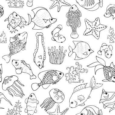 Balıklar, jellyfishes, starfishes ile Seamless Modeli