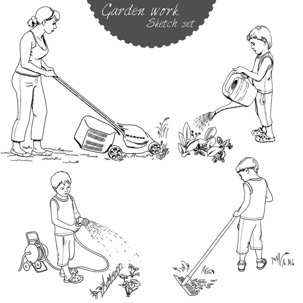 Sketches about garden work — Stock Vector