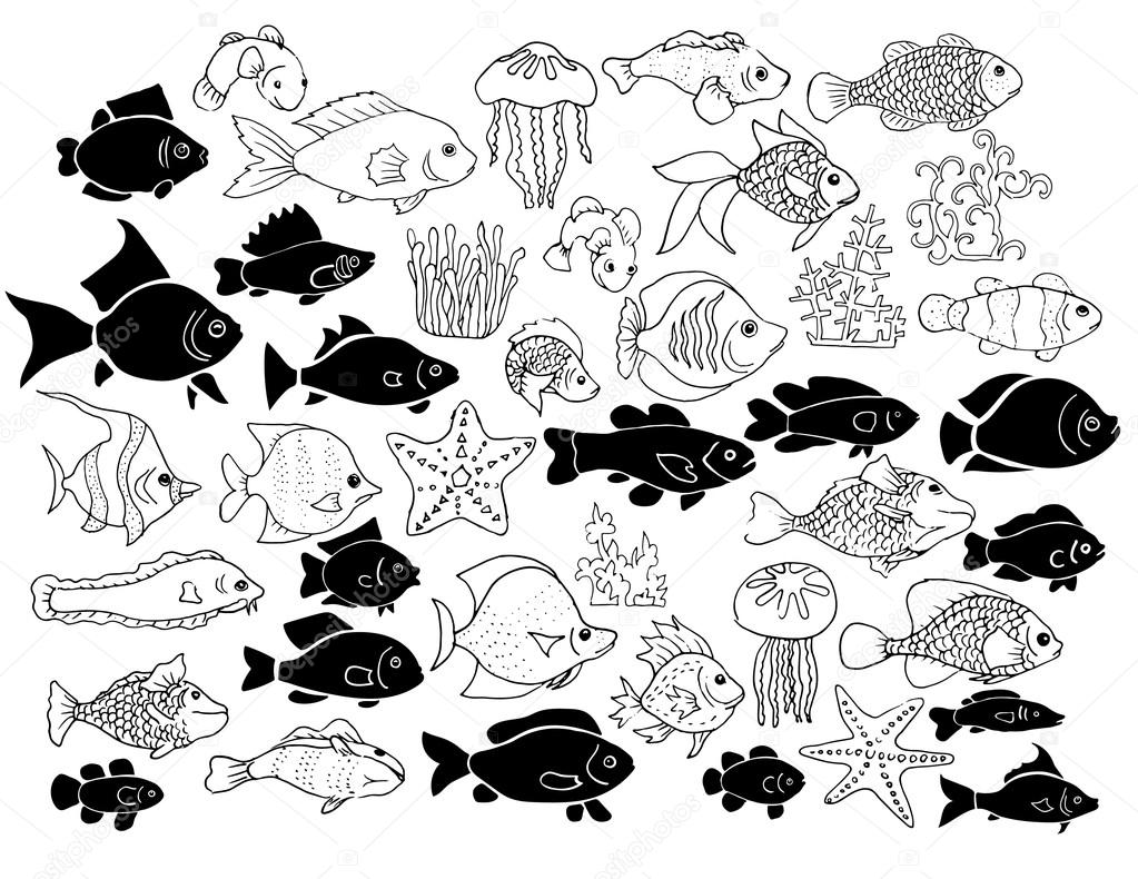 Set of hand-drawn exotic fishes