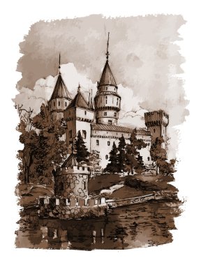 Bojnice Castle tek renkli vintage çizimi