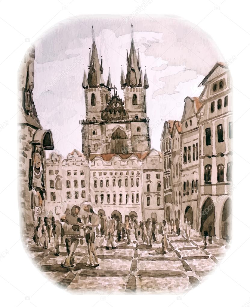 Vintage postcard with Old Prague view