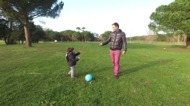 Vader en zoon vechten met sommige takken luchtfoto — Stockvideo