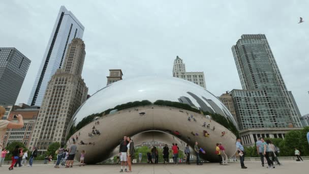 Turystów w Chicago Bean pomnik w parku Millennium. — Wideo stockowe