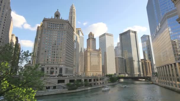 Chicago gökdelenler yansıtan günbatımı onun cephe üzerinde — Stok video