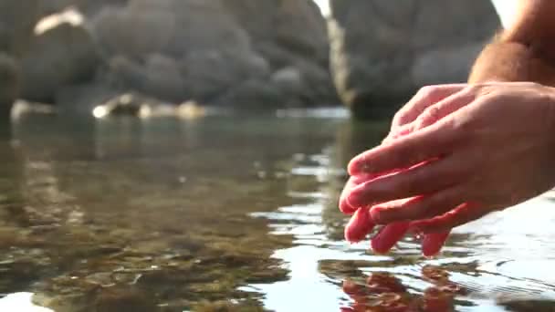 Verzamelen van water met handen op de kust. — Stockvideo