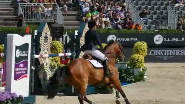 バルセロナ, スペイン.Furusiyya 飛国カップ決勝のジャンプします。国際馬のジャンプの 2015 年 9 月 24 日に実際のクラブ ・ デ ・ ポロ ・ デ ・ バルセロナ, スペインの競争 — ストック動画