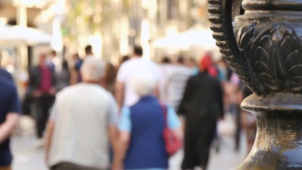 Barcelona, Catalonië, Spanje. Wandeltochten De Les Flors 2015: Menigten van toeristen winkelen en het bezoeken van het centrum van Barcelona, Spanje op 28 oktober 2015 — Stockvideo