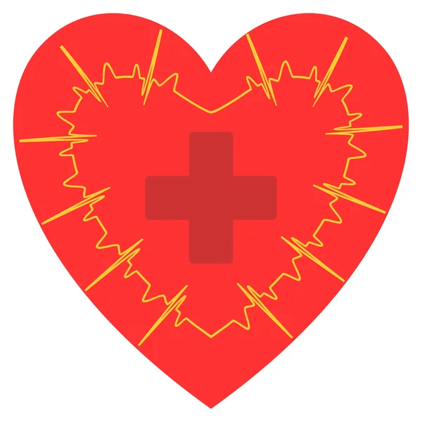 El electrocardiograma con una cruz roja en un signo cardíaco — Vector de stock