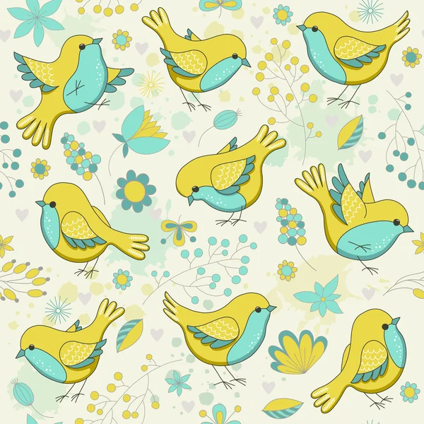 Vector seamless floral pattern with birds — Stock Vector