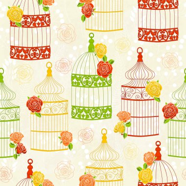 Vector seamless pattern with birdcages and roses.