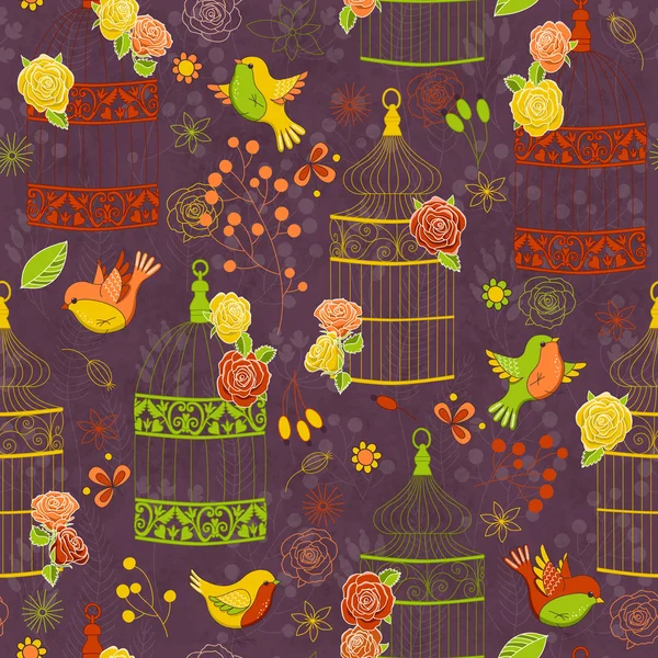 Vector seamless pattern with birds, birdcages and flowers — Stock Vector