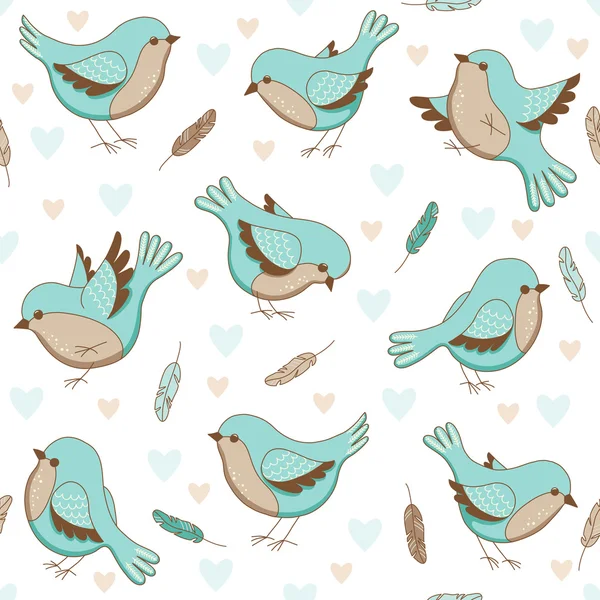 Vector seamless pattern with birds, hearts and feathers — Stock Vector