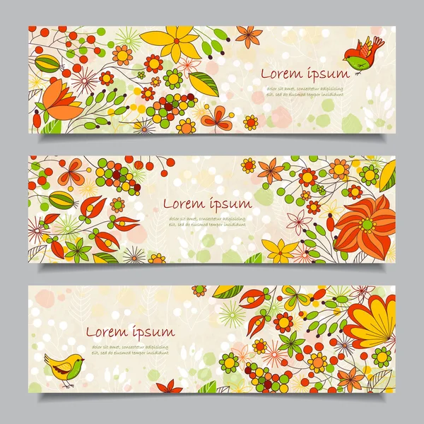 Conjunto de tres pancartas horizontales con patrón floral — Vector de stock