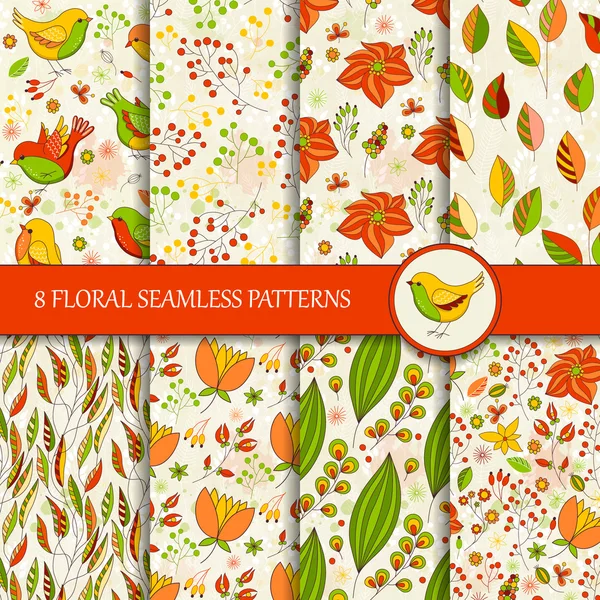 Set of 8 seamless colorful floral patterns — Stok Vektör