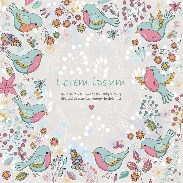 Διάνυσμα χαριτωμένο κάρτα με floral πλαίσιο και πουλιά. — Διανυσματικό Αρχείο