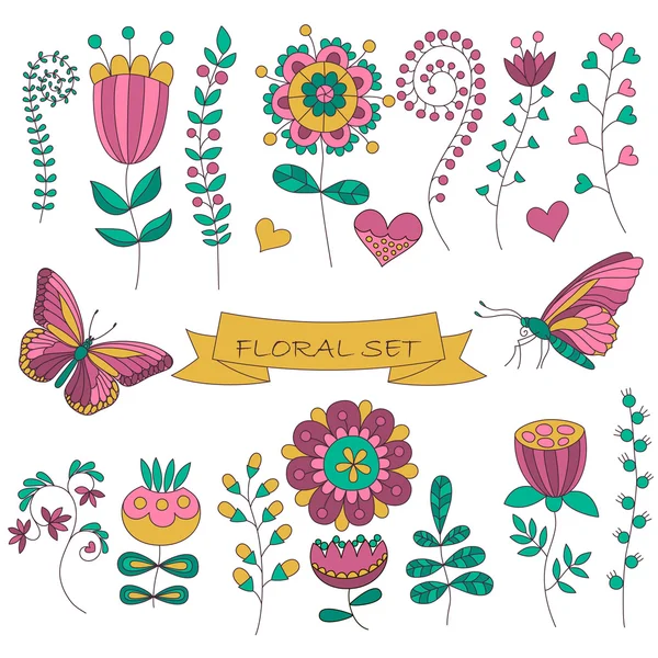 Set of different floral elements — Stock Vector