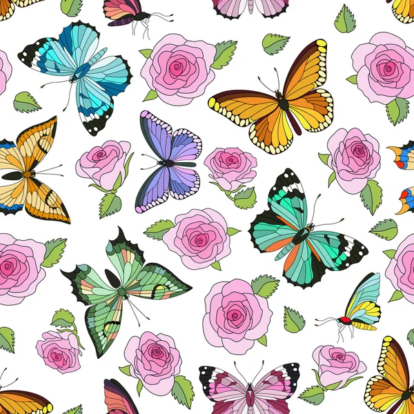 Nahtlose bunte Vektormuster mit Schmetterlingen und Rosen — Stockvektor