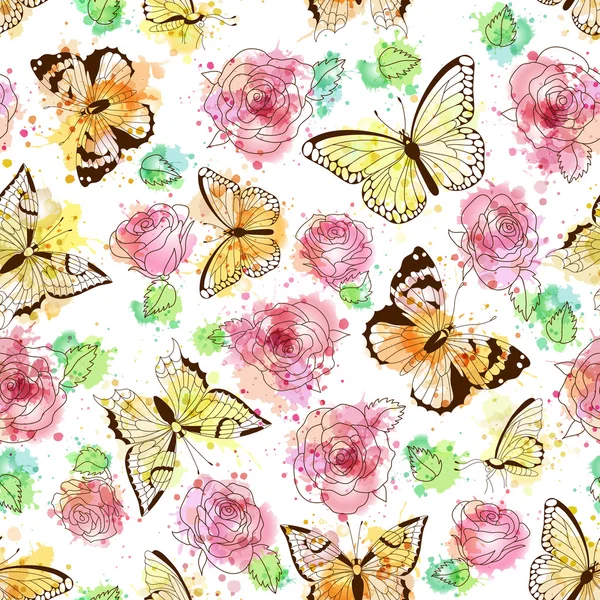 Kelebekler ve gül siluetleri ile Seamless Modeli