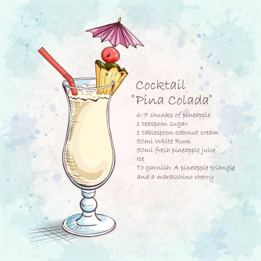 Kokteyl Pina Colada. Tatlı bir tropikal kokteyl. Lezzetli ve ferahlatıcı bir yaz içeceği. Ayrıntılı tarif. El çizimi vektör illüstrasyonu.