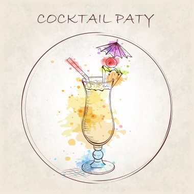 Kokteyl Partisi kitapçığı. Suluboya lekeli kokteyl Pina Colada. Tatlı bir tropikal kokteyl. Lezzetli ve ferahlatıcı bir yaz içeceği. El çizimi vektör illüstrasyonu.