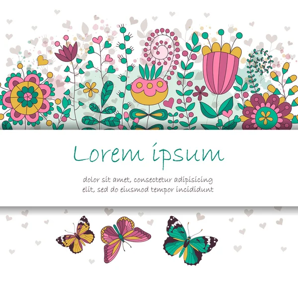 Κάρτα Πρόσκληση Διάνυσμα Πεταλούδες Και Λουλούδια Θέση Για Μήνυμά Σας — Διανυσματικό Αρχείο