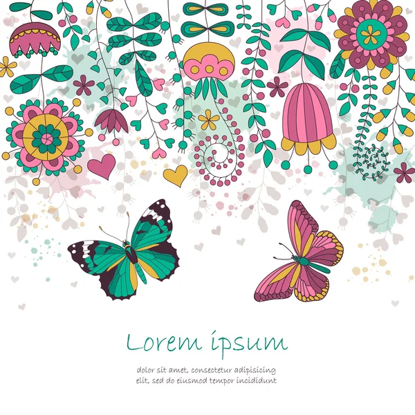 带花和蝴蝶的病媒卡片 色彩艳丽的花卉背景 浪漫的卡片 完美的问候 婚礼设计 — 图库矢量图片