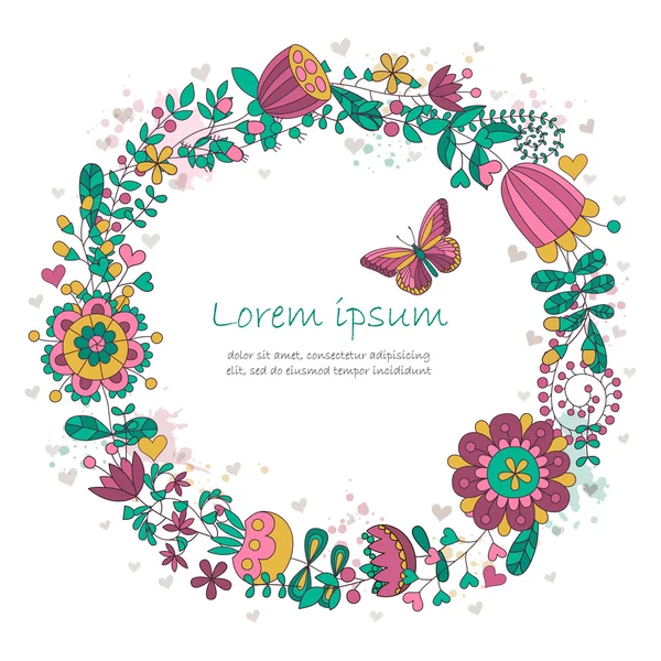 Διάνυσμα Χαριτωμένο Κάρτα Floral Στεφάνι Και Πεταλούδα Ρομαντικό Floral Πλαίσιο — Διανυσματικό Αρχείο
