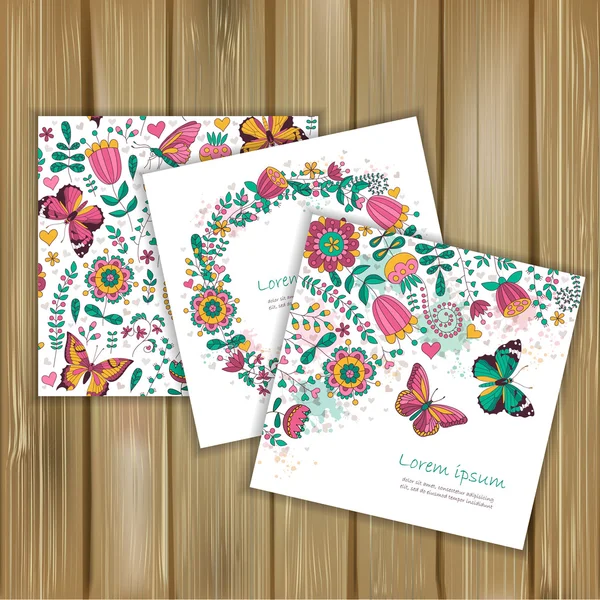 Conjunto Banners Com Padrão Floral Cartões Saudações Fundo Madeira Flores — Vetor de Stock