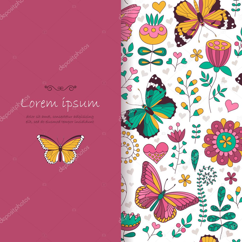 Vector card with butterflies and flowers. Place for you text. Cute colorful illustration. Romantic card. Perfect for greetings, invitations, announcement, wedding design.