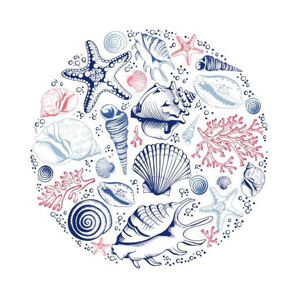 サンゴ ヒトデとベクトルカード 海を背景に スケッチ風のイラスト 招待状 包装紙 結婚式 ウェブデザインに最適です — ストックベクタ