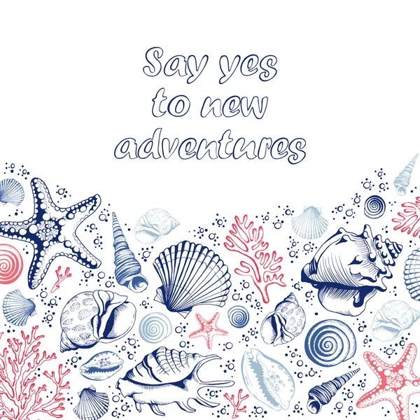 サンゴ ヒトデのポスター 海を背景に 冒険の引用 手描きベクトルイラストでスケッチスタイル — ストックベクタ