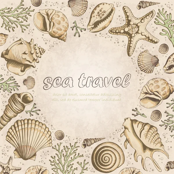 Vector vintage card with seashells, corals and starfishes — 图库矢量图片