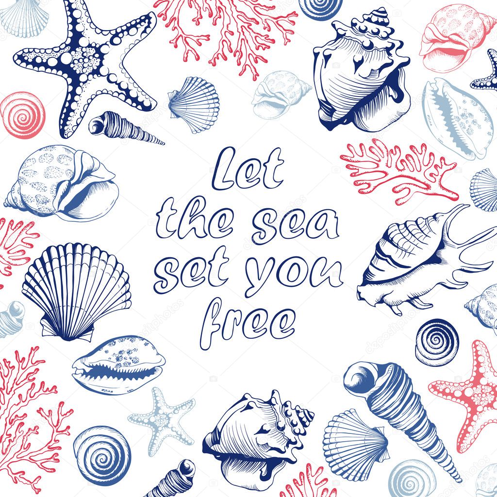 Poster with seashells, corals and starfishes. Marine background. Travel Flyer Template. Hand drawn vector illustration in sketch style. 