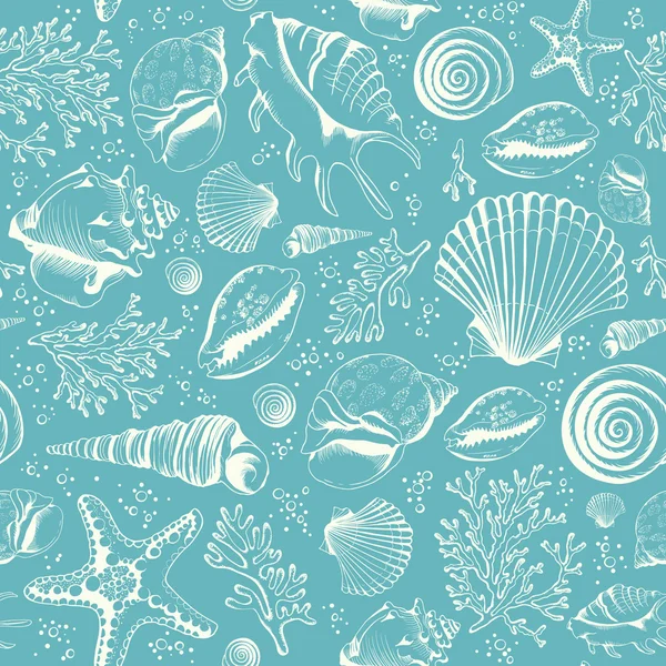 Seamless pattern with seashells on blue