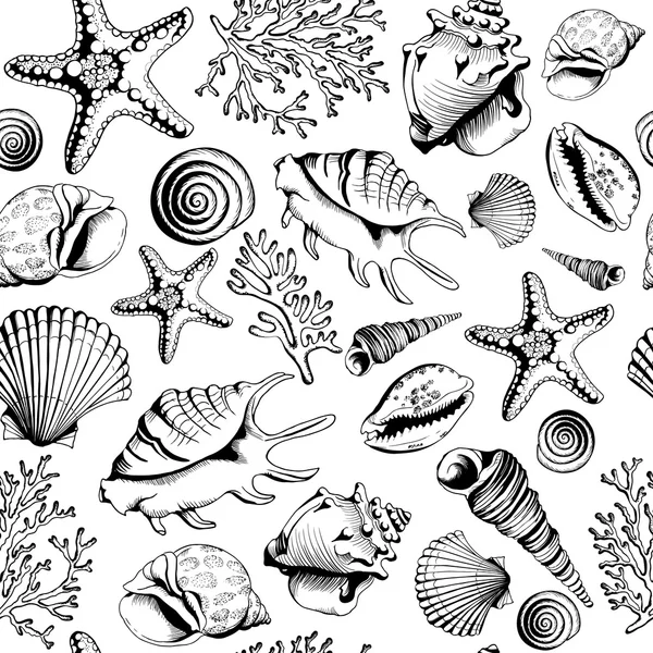Seamless black-white pattern with seashells — ストックベクタ