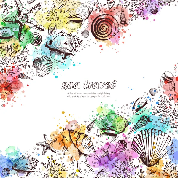 Vector card with seashells and watercolor spots — Stock Vector