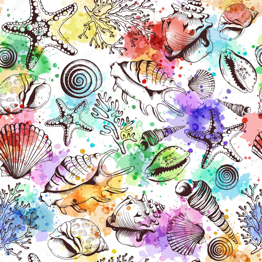 Seamless pattern with seashells and watercolor spots