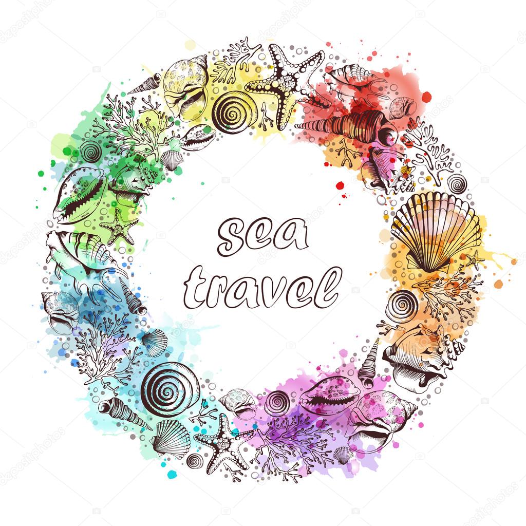 Vector frame with seashells with watercolor spots