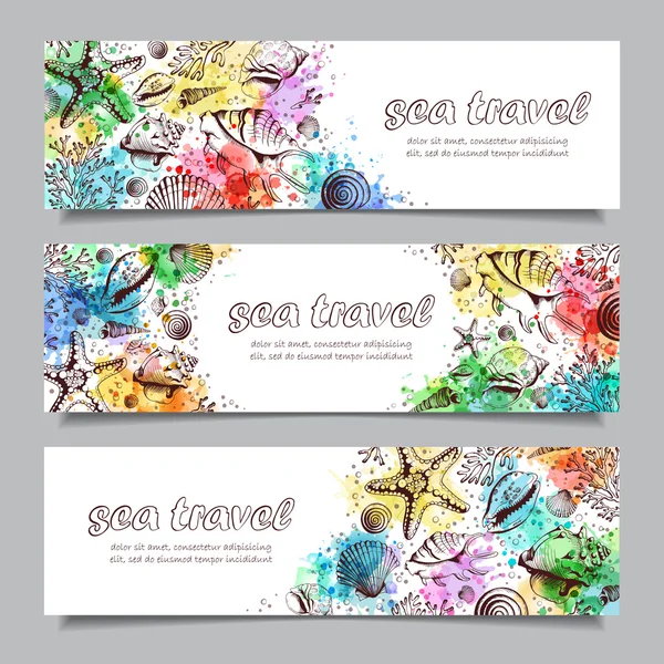 Set of three horizontal banners with seashells and watercolor sp — Stock Vector