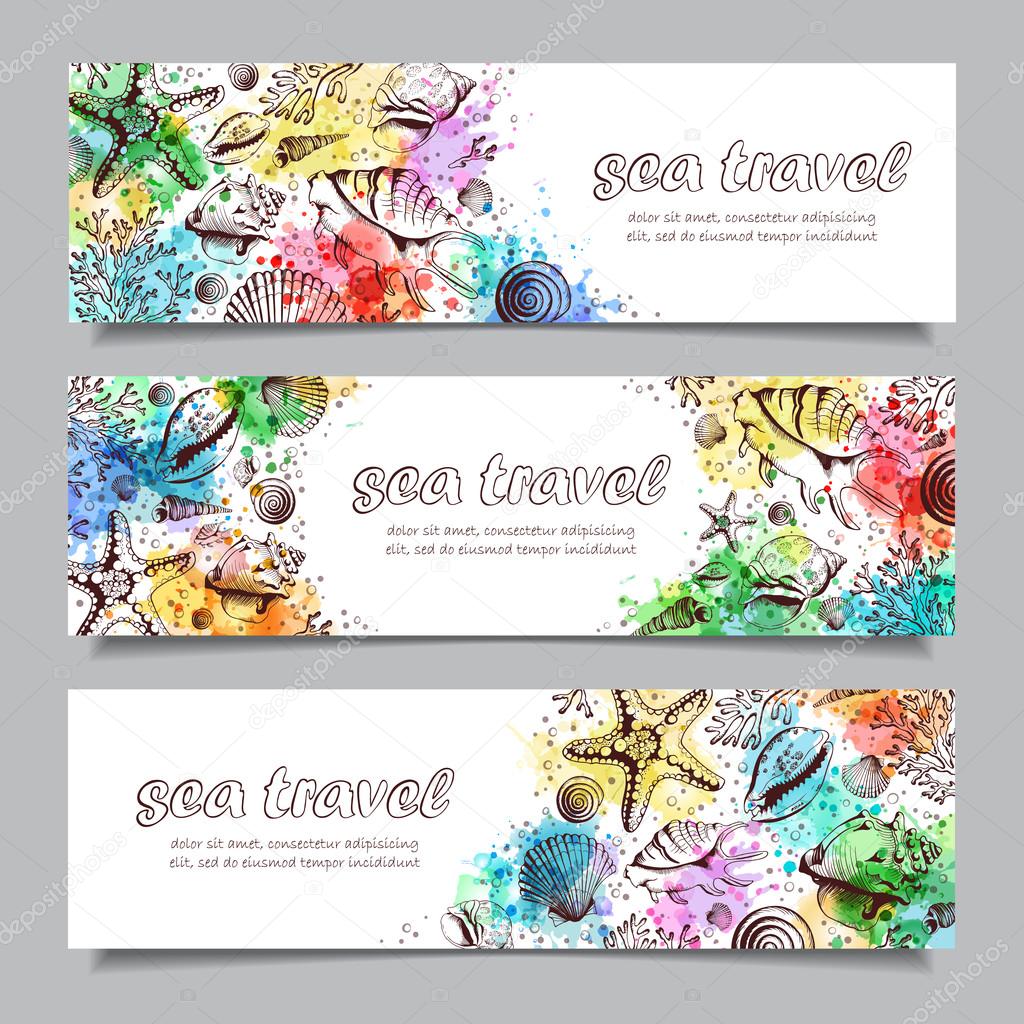 Set of three horizontal banners with seashells and watercolor sp