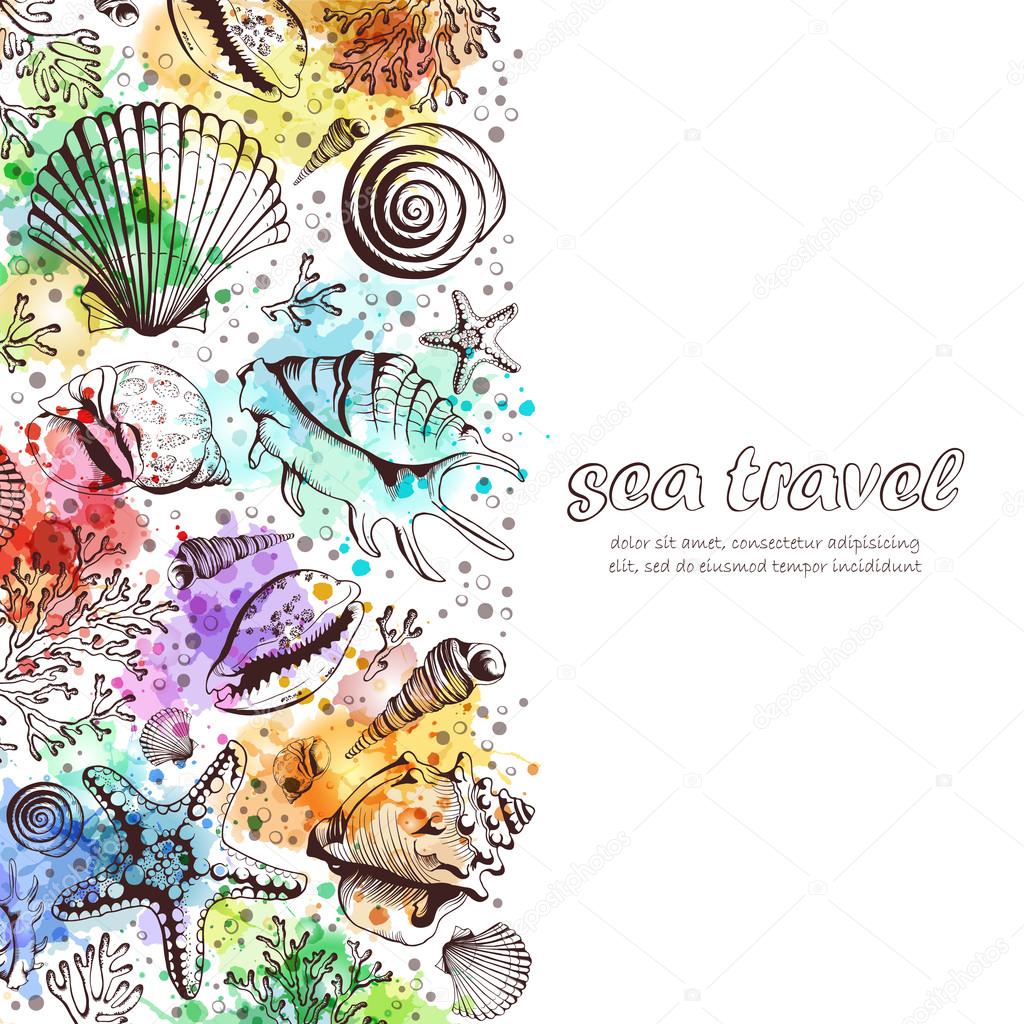 Vector poster with seashells, corals and starfishes