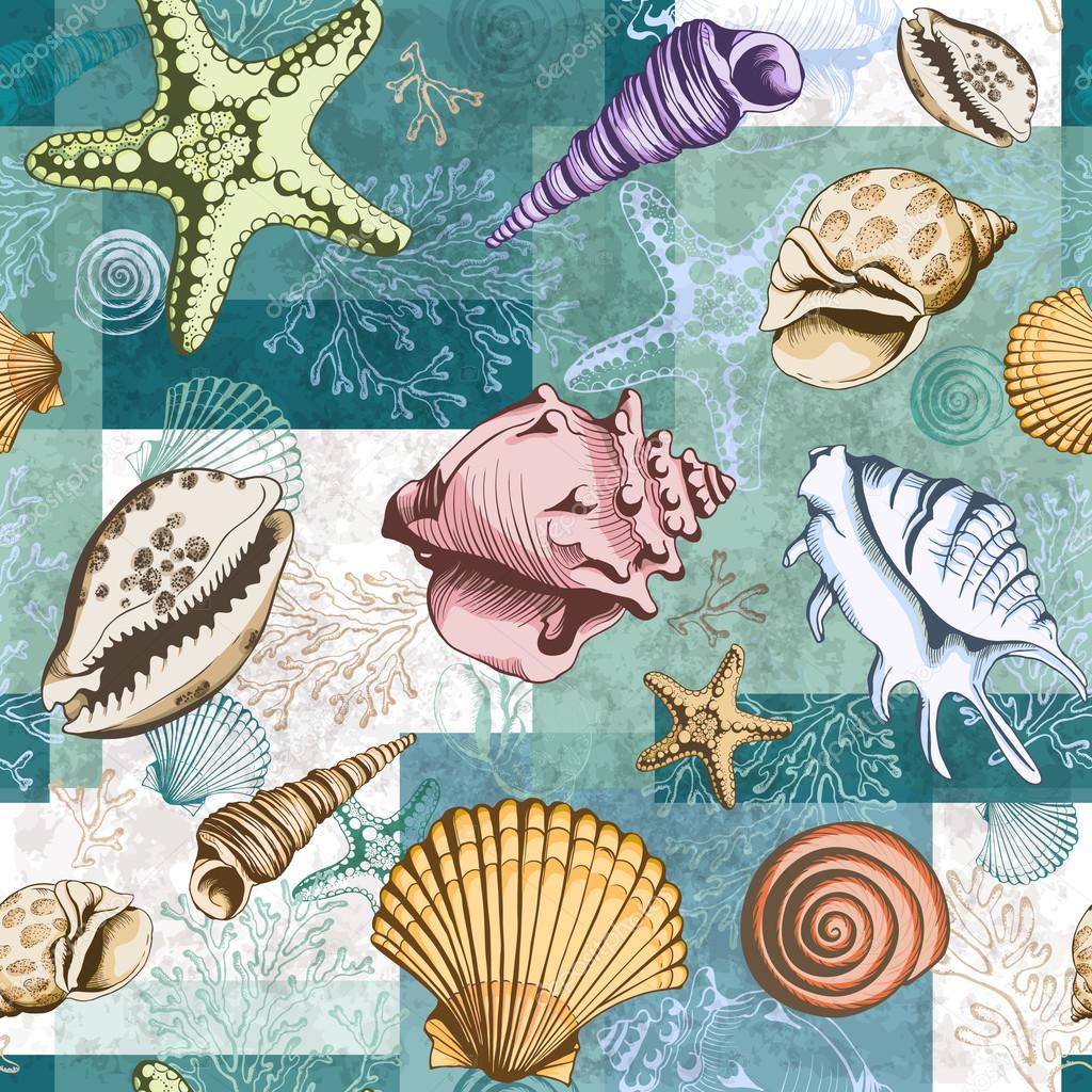 Seamless colorful layered pattern with seashells