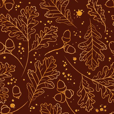Altın meşe yaprağı ve meşe palamudu siluetleriyle kusursuz raster deseni. Selamlama, davetiye, ambalaj kağıdı, tekstil, düğün ve web tasarımı için mükemmel.